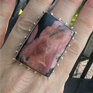 Silver and Pink Rhodonite Statement Ring